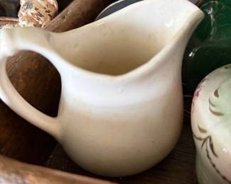 Antique ironstone pitcher and primitive woodenware