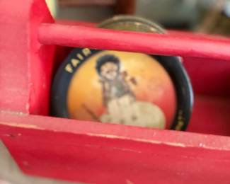 Antique red painted wood toy wagon with litho wheels
