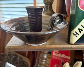 Studio pottery bowl and cup with tobacco tins