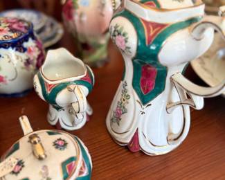 Victorian porcelain chocolate pot set, rose and gold