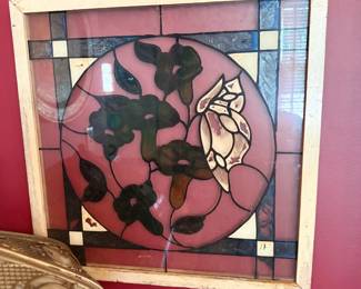 Framed stained glass rose panel
