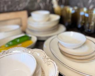 Gold rim china dinnerware, bowls and plates
