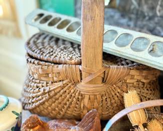 Pink depression glass hen on nest and splint basket