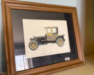 Framed antique automobile print, oak frame