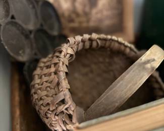 Antique splint basket, muffin tin, vintage books
