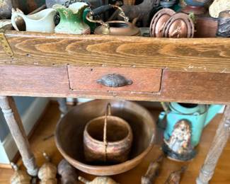 Primitive work table, wood bowls, folk art animals