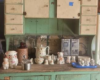 Hoosier cabinet, American Bisque and Shawnee salt & Pepper shakers , Hall- Autumn Leaf items