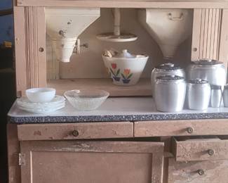 Hoosier cabinet, vintage canister set