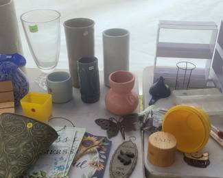 Assorted vases, metal yard/ garden signs( new)