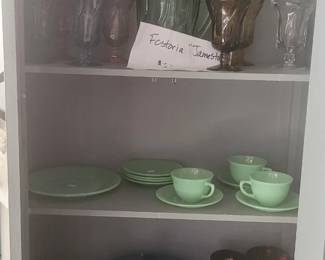 Fostoria set, Carnival glass punch bowl, jadeite cups/ saucers,