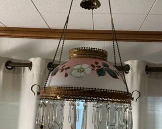 Antique Hanging Parlor Oil Shade With Prisms