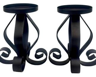 Pair Of Black Wrought Iron Pillar Candle Holders With Scroll Base