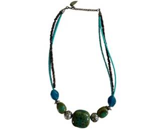 Polished Stone Necklace With Silver Tone Pieces