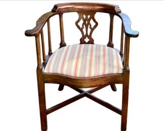 Chippendale Style Mahogany Side Corner Chair With Striped Upholstery