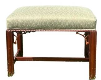 Chippendale Style Mahogany Stool With Detailed Fretwork, Cross Stretcher Base, & Green Upholstery