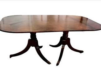 Duncan Phyfe Style Double Pedestal Dining Table, Book Matched Crotch Mahogany, Satinwood & Greek Key Inlay