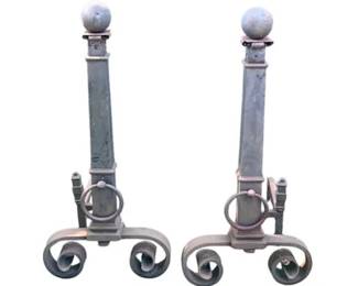 Tall Vintage Cast Iron Cannonnball Fireplace Andirons With Scroll Feet