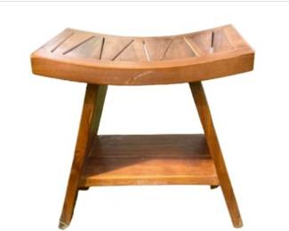 Wood Stool With Curved Slatted Seat & Lower Shelf