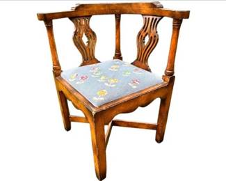 English Chippendale Style Child Sized Corner Chair With Hand Made Needlepoint Seat