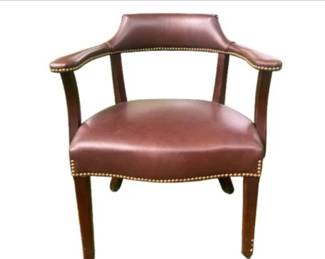 Brown Leather Captains Open Arm Chair With Brass Nailhead Trim