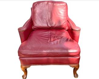 Vintage Leather Club Chair With Queen Anne Style Pad Feet & Brass Tacking
