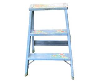 Vintage Wooden Three Step Ladder, Painted Light Blue With Floral Design
