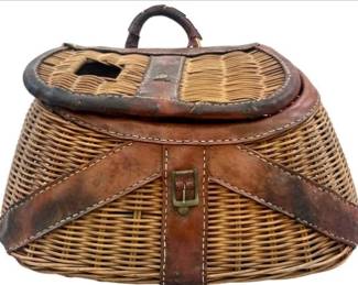 Vintage Wicker Fishing Creel With Leather Straps & Handle