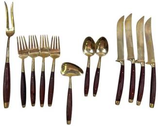 Vintage Mid Century Modern Thai Brass Wood Flatware - Mixed Set