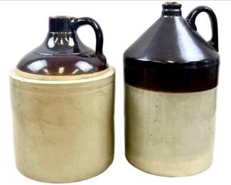 Pair Of Vintage Two-Toned Stoneware Whiskey Jugs With Handles