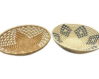 Pair Of Hand-Woven African Coil Baskets With Geometric Patterns