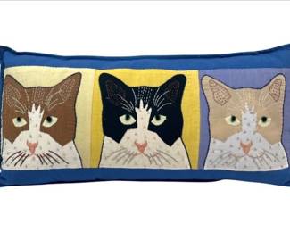 Rectangular Throw Pillow With Three Embroidered Cats