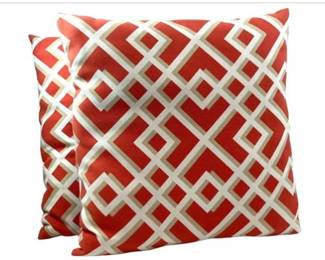 Pair Of Orange, Tan, And White Geometric Patterned Throw Pillows