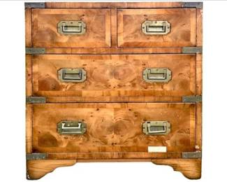 Campaign Chest - Book-Matched Burl Wood, Satinwood Banding - Brass Hardware, Bracket Feet, Surface Name Plate
