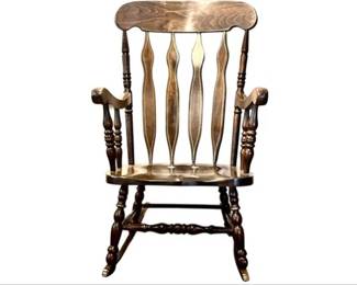 Vintage Dark Wood Rocking Chair With Spindle Back And Turned Legs