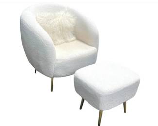 White Bouclé Fabric Accent Chair & Ottoman - Both With Gold Legs