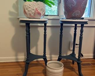 TWO Marble top pedestals, lots of pots