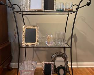 Lots of silver plate frames, glass bar cart
