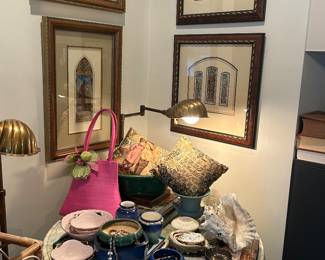 Round glass top table, bonsai pots, decorative pillows