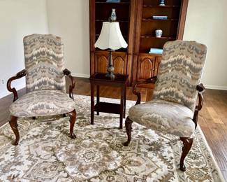 019-LR: Pair of Upholstered Queen Anne Armchairs & End Table