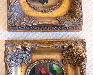 ORIGINAL ROOSTER PAINTED ART ON WOOD W ORNATE FRAMES
