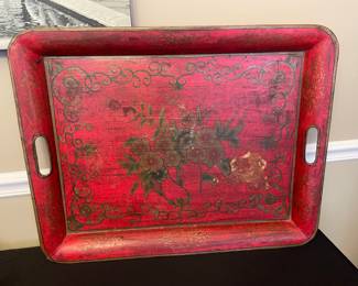 Vintage Chinese Export Red Lacquer Tray with Floral Motifs