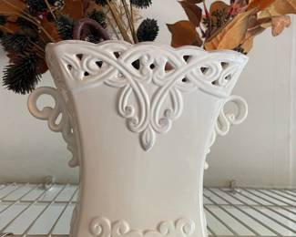 Vintage White Ceramic Vase with Filigree Detail and Handles