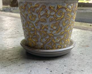 Vintage Ceramic Planter with Saucer - Gold Scrolling Vine Pattern