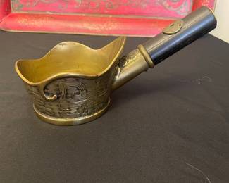 Vintage Chinese Brass Silk Iron with Wooden Handle