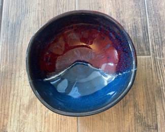 Handmade Studio Pottery Bowl with Split Blue and Red Glaze