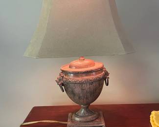 Vintage Urn-Form Table Lamp with Lion Head Handles and Suede Shade