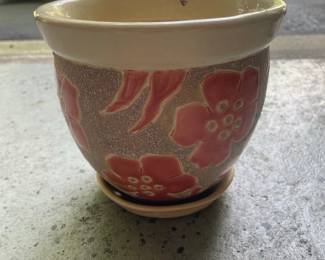 Ceramic Planter with Floral Motif and Saucer