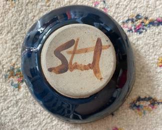 Handmade Studio Pottery Bowl with Split Blue and Red Glaze