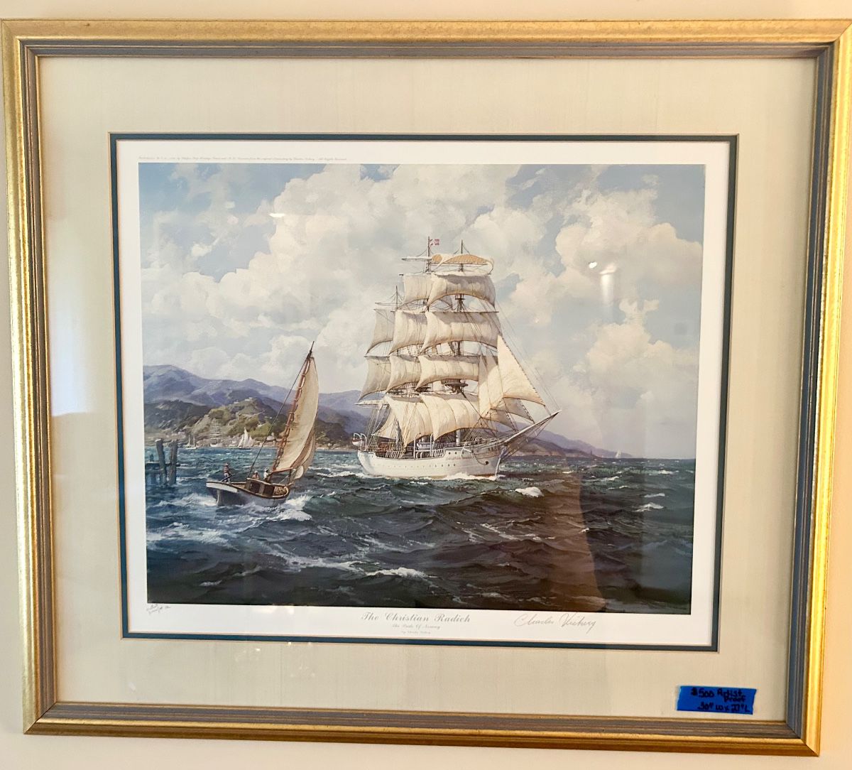Vickery Artist Proof #12 - The Pride of Norway Christian Radich Ship; 30”w x 27”L  framed & matted $500