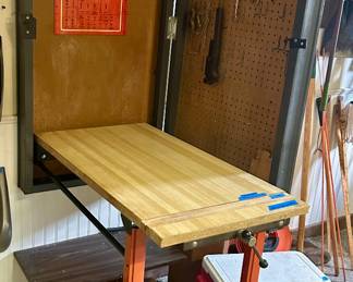 Fold away workshop $150. Measures 20”w x 36d x 34h closed; 24w x 75h floor to tops x 53